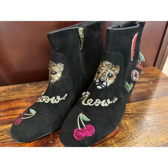 Kate Spade 7.5 Suede Black Embellished Edgy Baddie Glam Ankle Boots Sequin - Picture 4 of 8